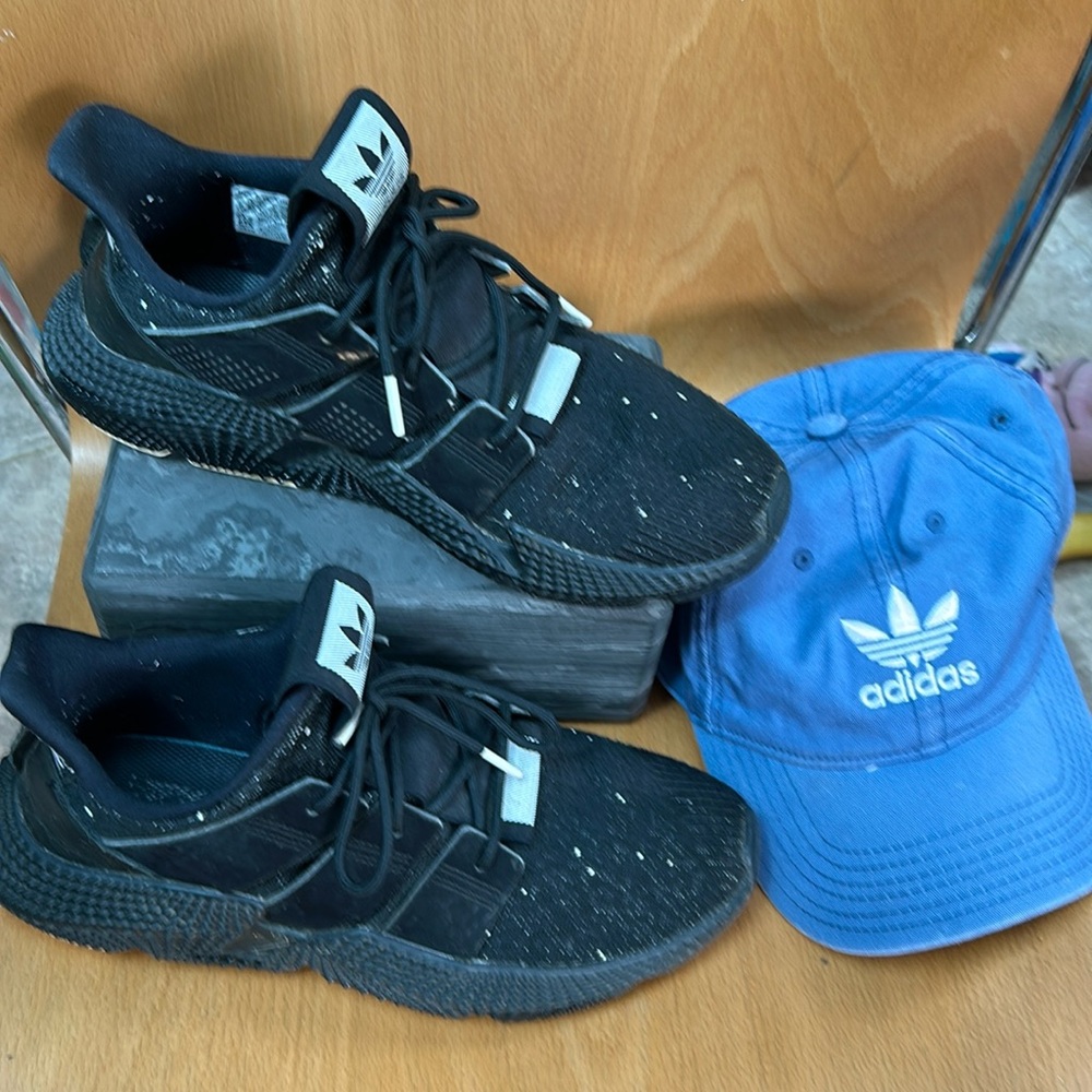 Adidas black sneakers and hat combo